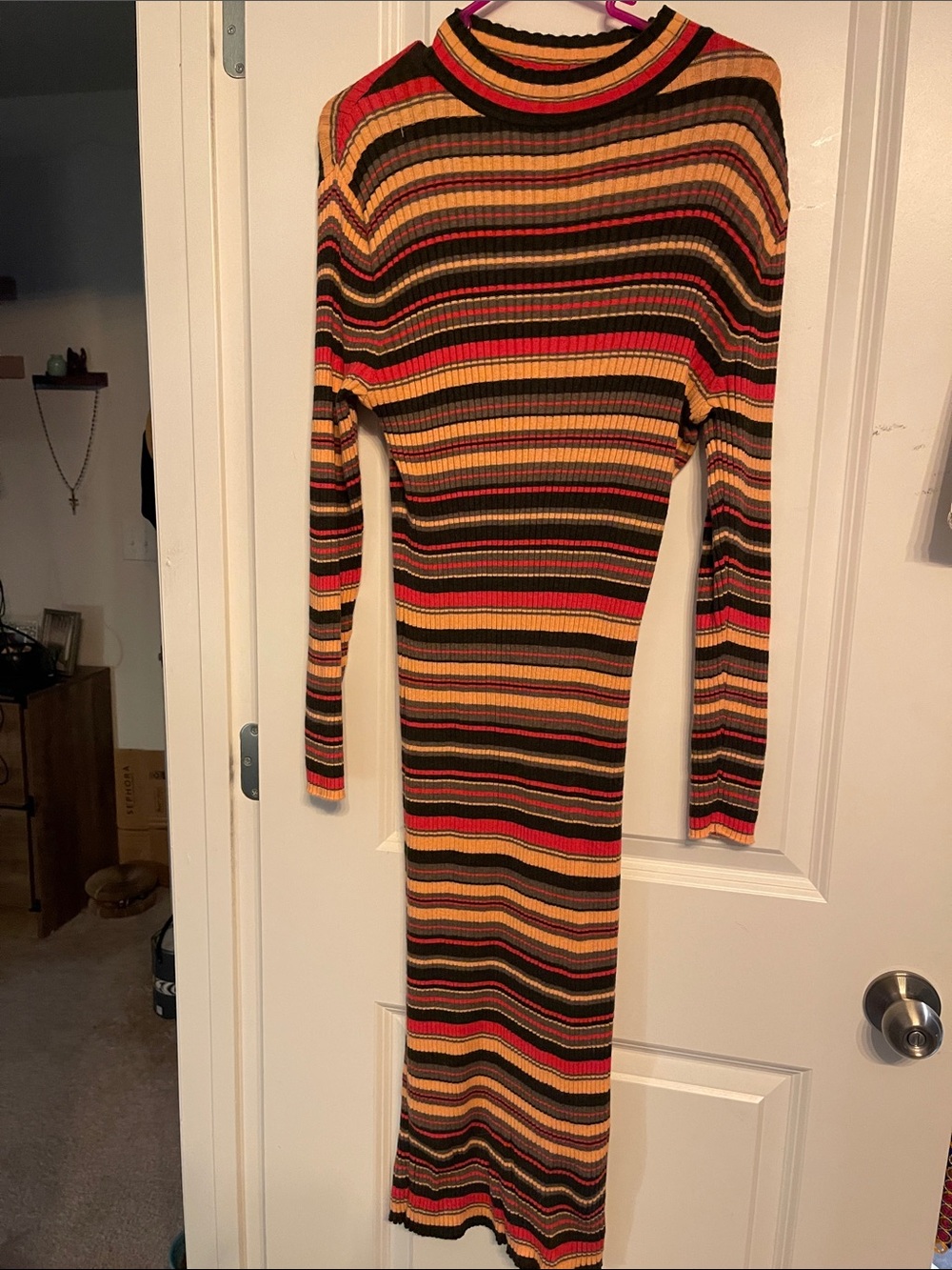 Maggy London Striped Rib-Knit Long Sleeve Dress in Black, Tan, Red, Orange